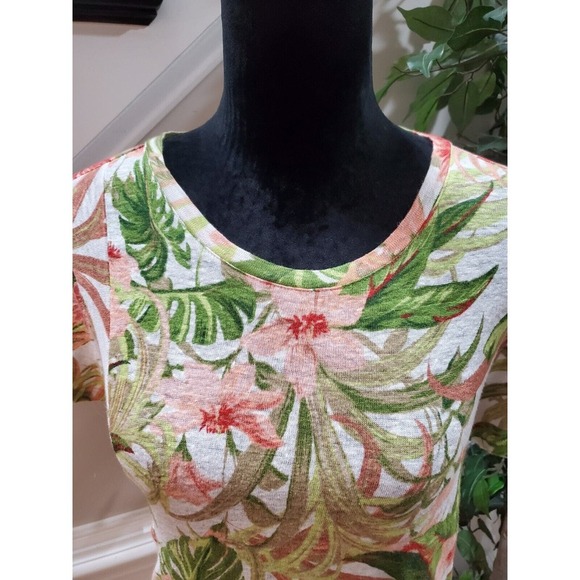 J. Jill Womens Multicolor Floral 100% Linen Round Neck Short Sleeve Top Blouse M - Picture 2 of 13